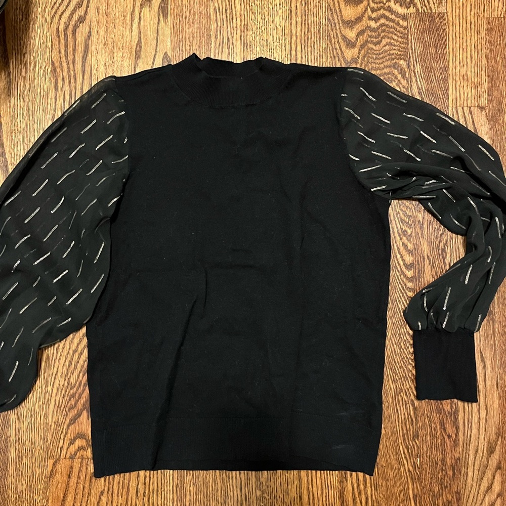 CeCe Black Crewneck Sweater with Patterned Sleeves